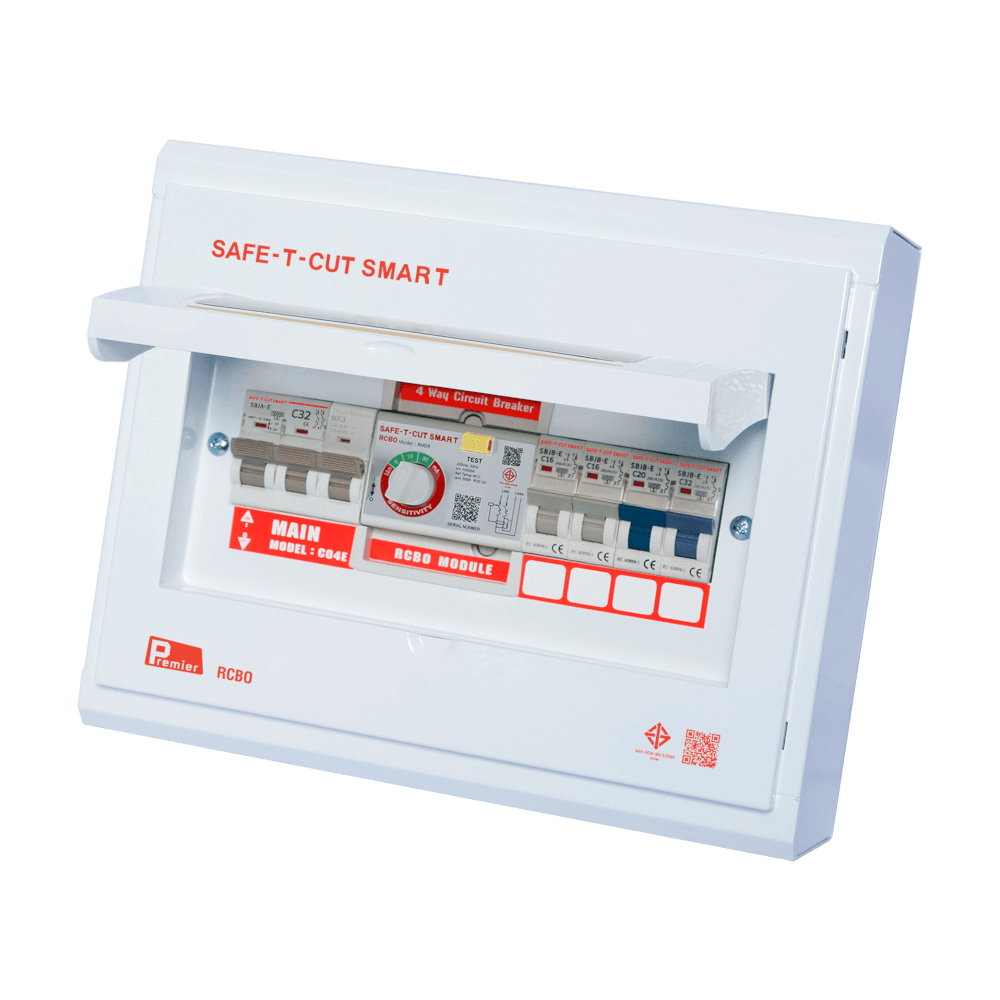 ชุดตู้คอนซูมเมอร์ 4 ช่อง เบรคเกอร์กันดูด 32 แอมป์ เซฟ-ที-คัท สมาร์ท รุ่น PREMIER RCBO
